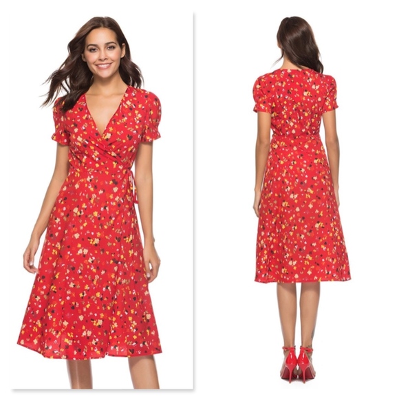 Floral Red Boho Wrap Summer Dress - Picture 3 of 7